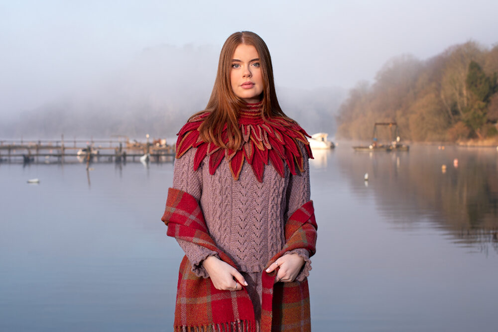 Ruffled Raven Collar patterncard kit design by Alice Starmore in Hebridean 2 Ply yarn