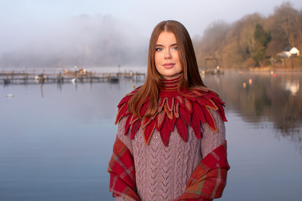 Ruffled Raven Collar patterncard kit design by Alice Starmore in Hebridean 2 Ply yarn