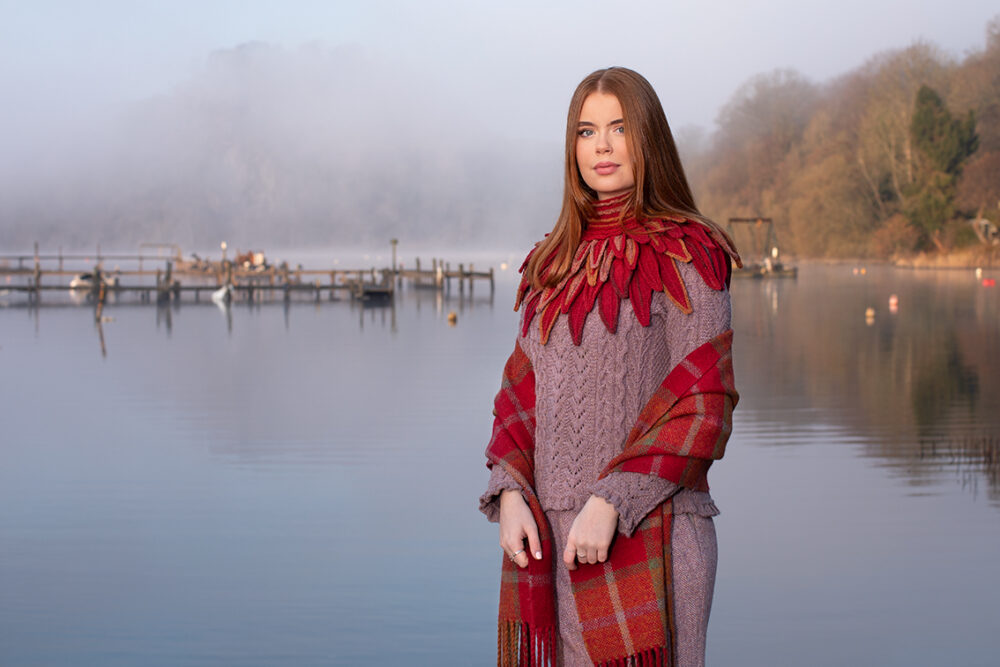 Ruffled Raven Collar patterncard kit design by Alice Starmore in Hebridean 2 Ply yarn