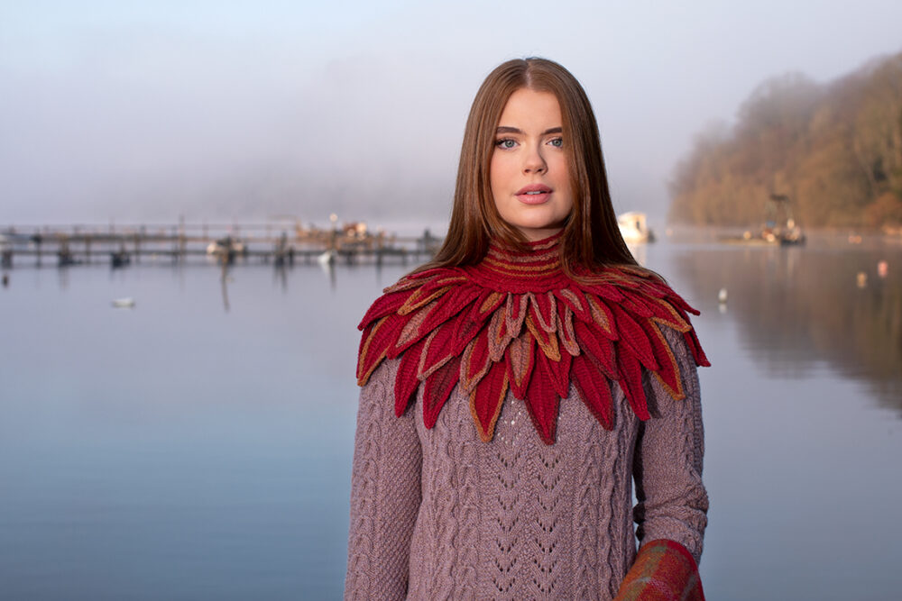 Ruffled Raven Collar patterncard kit design by Alice Starmore in Hebridean 2 Ply yarn