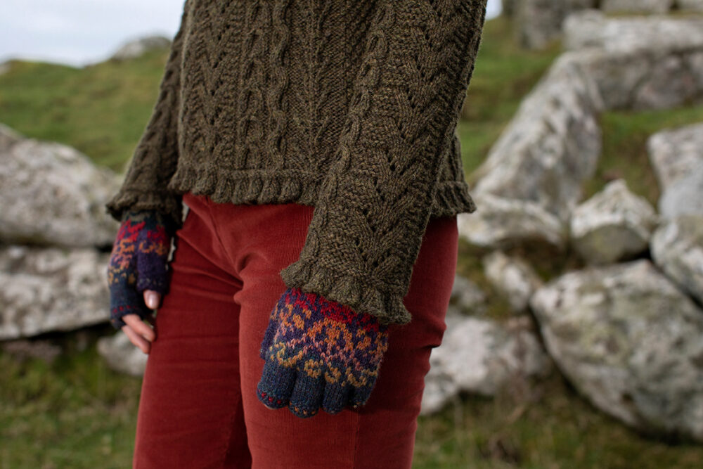 Maidenhair Pullover patterncard kit design by Alice Starmore in Hebridean 3 Ply yarn