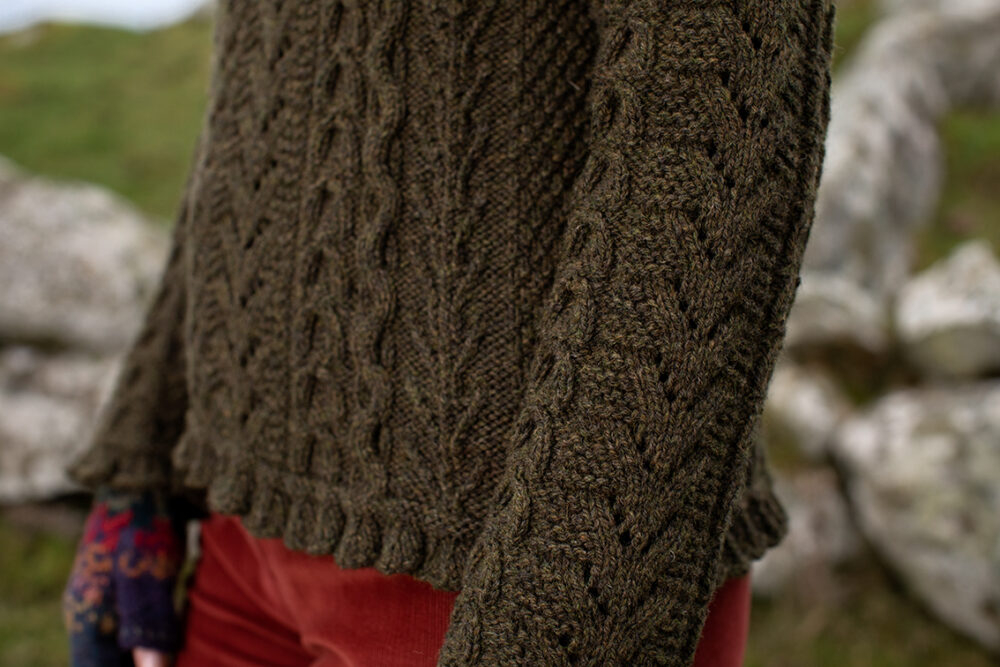 Maidenhair Pullover patterncard kit design by Alice Starmore in Hebridean 3 Ply yarn