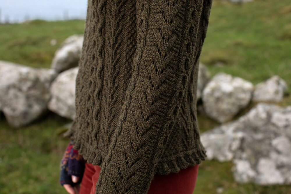 Maidenhair Pullover patterncard kit design by Alice Starmore in Hebridean 3 Ply yarn
