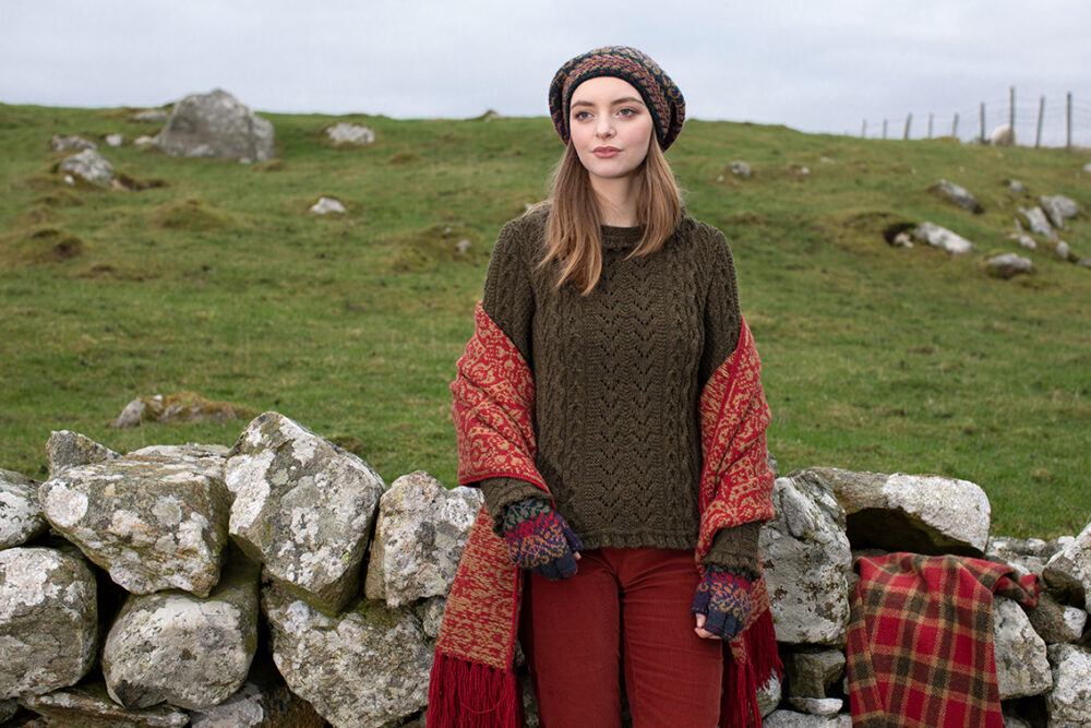 Maidenhair Pullover patterncard kit design by Alice Starmore in Hebridean 3 Ply yarn