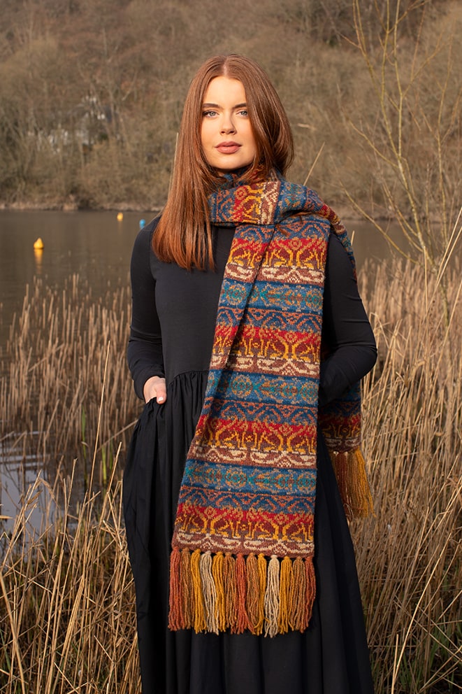 Leo Scarf patterncard knitwear design by Jade Starmore in pure wool Hebridean 2 Ply hand knitting yarn