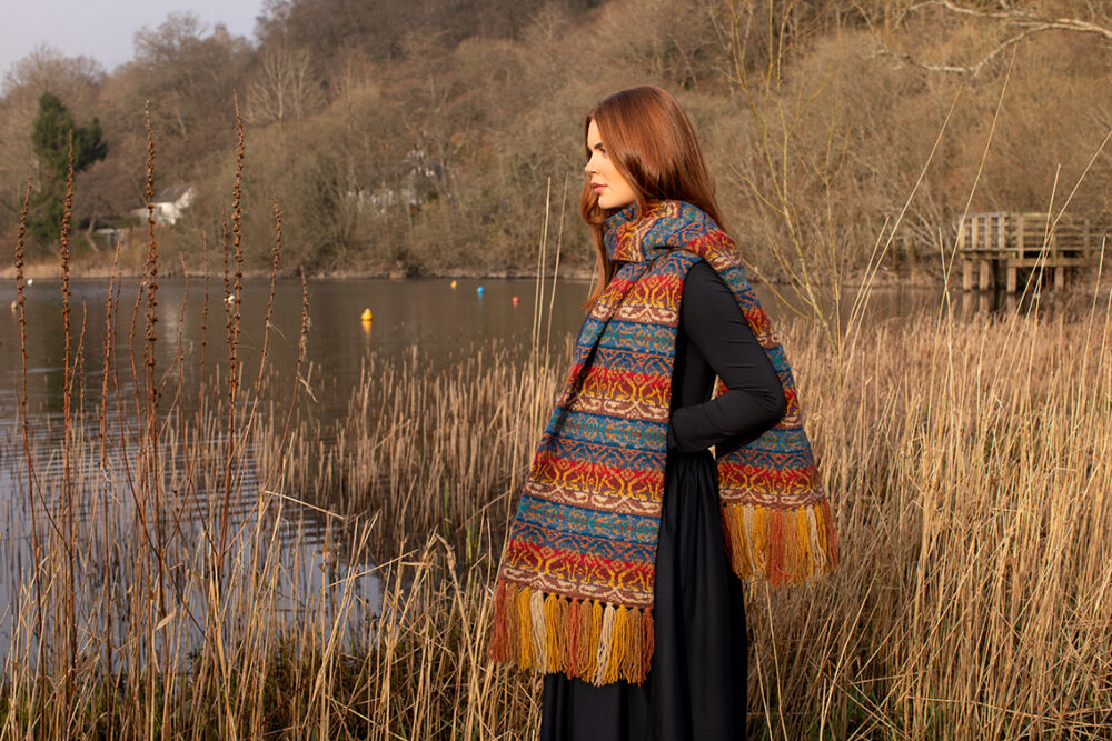 Leo Scarf patterncard knitwear design by Jade Starmore in pure wool Hebridean 2 Ply hand knitting yarn