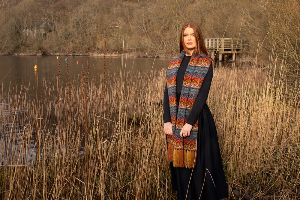 Leo Scarf patterncard knitwear design by Jade Starmore in pure wool Hebridean 2 Ply hand knitting yarn