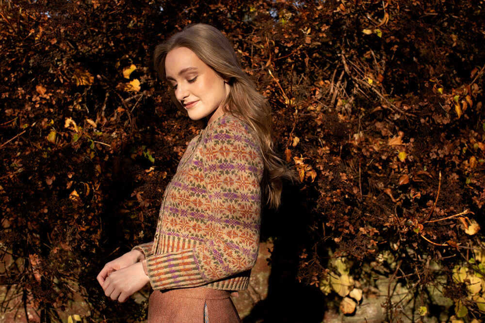 Meadowsweet patterncard kit design by Alice Starmore in Hebridean 2 Ply yarn