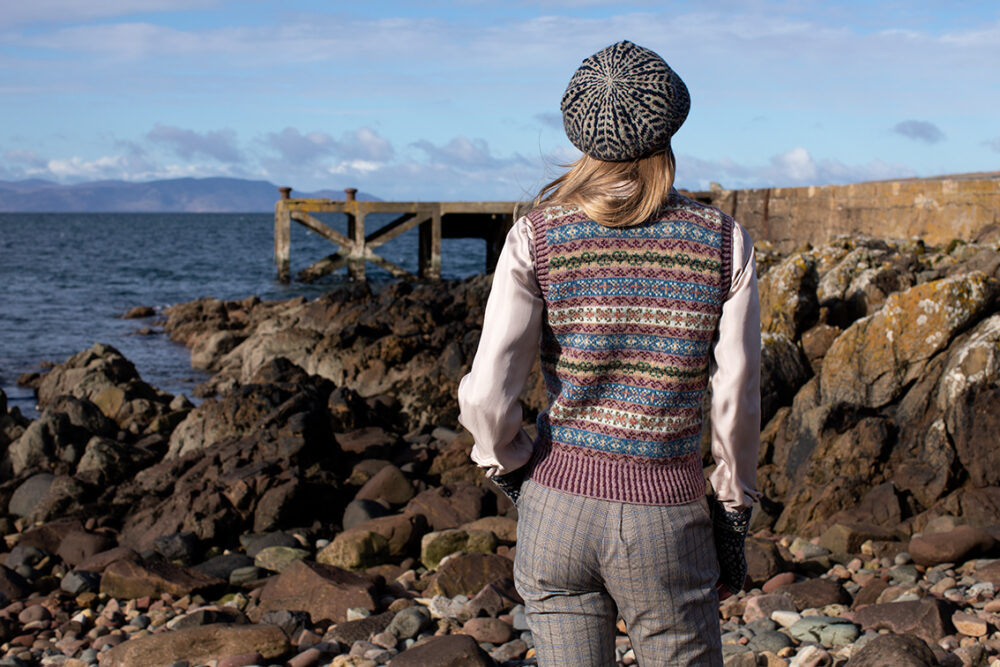 Peigi Waistcoat patterncard kit design by Alice Starmore in Hebridean 2 Ply yarn