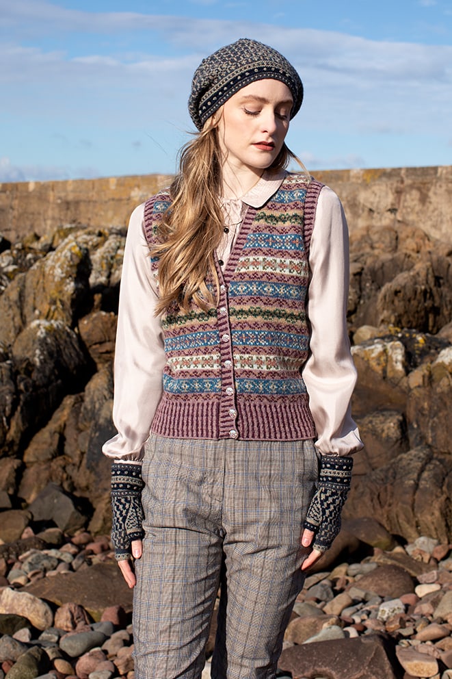 Peigi Waistcoat patterncard kit design by Alice Starmore in Hebridean 2 Ply yarn