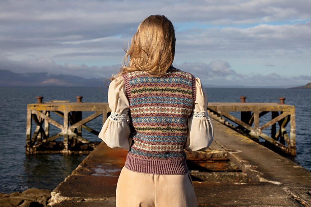 Peigi Waistcoat patterncard kit design by Alice Starmore in Hebridean 2 Ply yarn