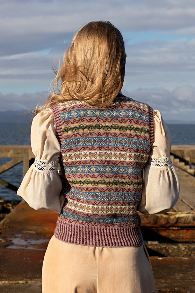 Peigi Waistcoat patterncard kit design by Alice Starmore in Hebridean 2 Ply yarn