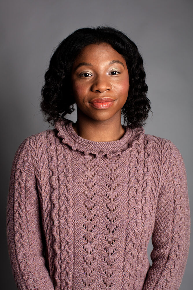 Maidenhair Pullover patterncard kit design by Alice Starmore in Hebridean 3 Ply yarn