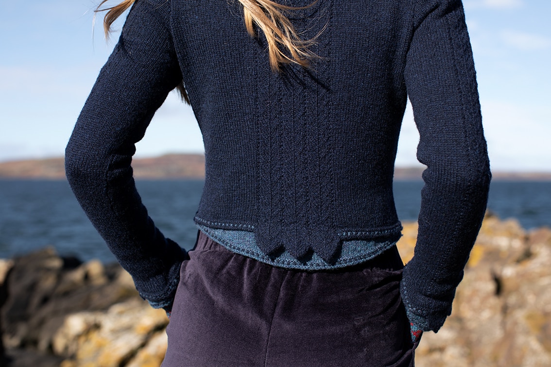 Lapwing Pullover design from the book Glamourie by Alice Starmore in pure wool Hebridean 2 Ply hand knitting yarn