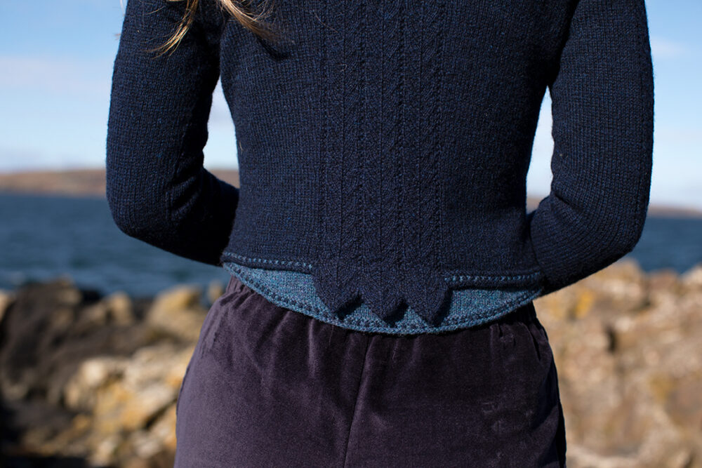 Lapwing Pullover design from the book Glamourie by Alice Starmore in pure wool Hebridean 2 Ply hand knitting yarn