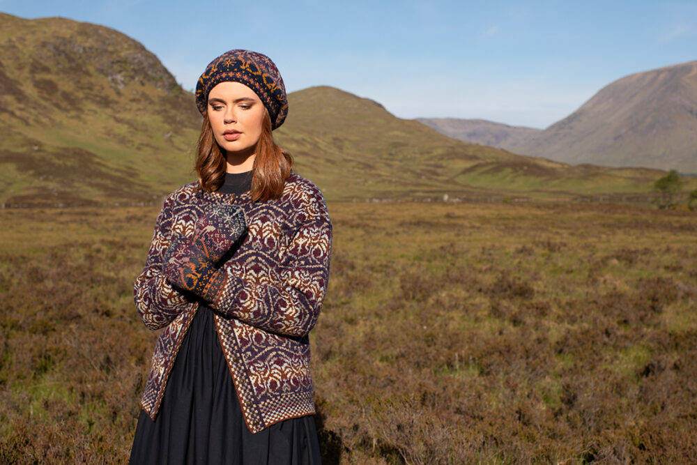 Angels Cardigan patterncard kit design by Jade Starmore & Witch Hare Patterncard Kit by Alice & Jade Starmore in Hebridean 2 Ply yarn