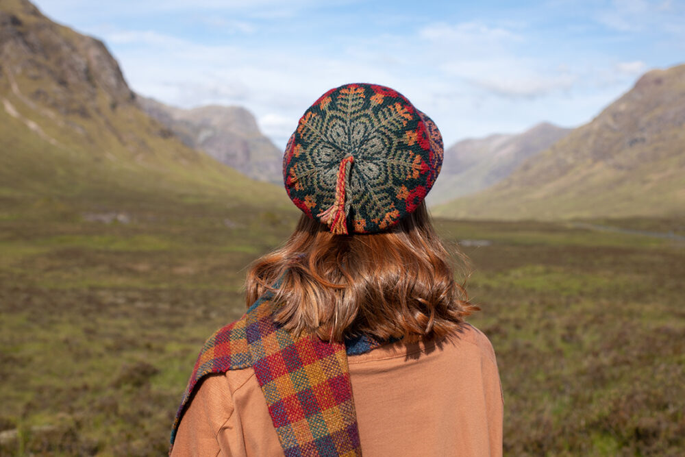 Red Jacobite Rose patterncard kit design by Alice Starmore in Hebridean 2 Ply yarn