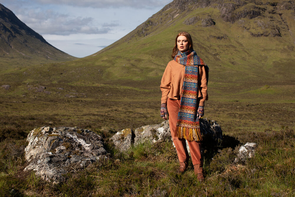 Leo Scarf patterncard knitwear design by Jade Starmore in pure wool Hebridean 2 Ply hand knitting yarn