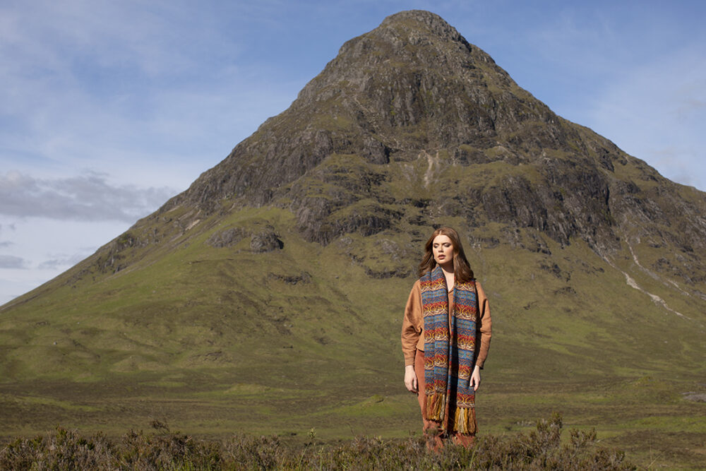 Leo Scarf patterncard knitwear design by Jade Starmore in pure wool Hebridean 2 Ply hand knitting yarn
