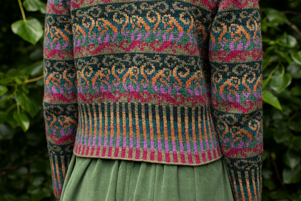 Firebirds Cardigan patterncard kit design by Jade Starmore in Hebridean 2 Ply yarn