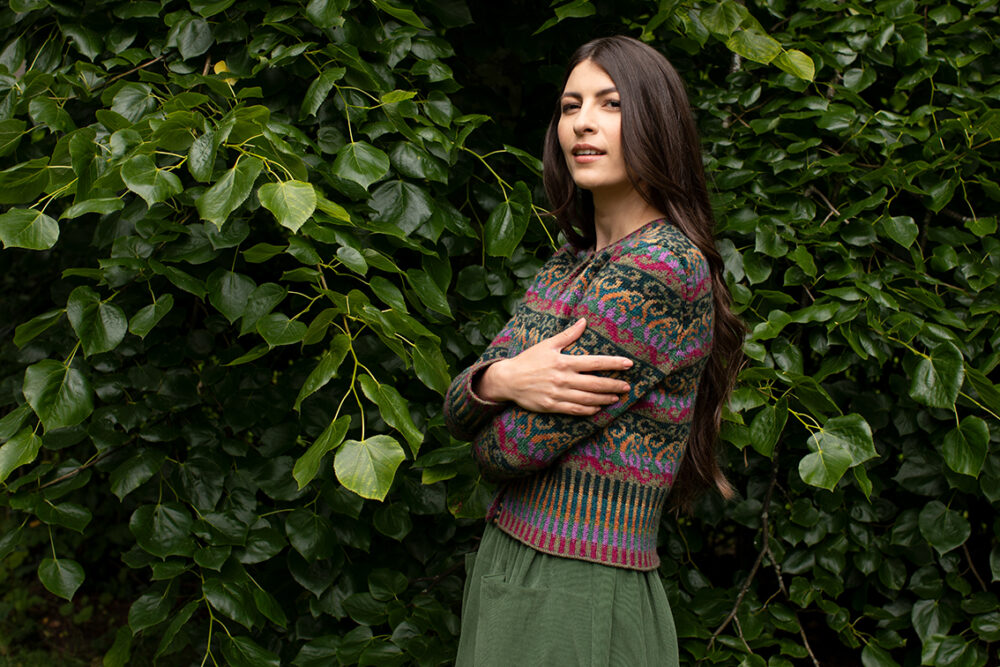 Firebirds Cardigan patterncard kit design by Jade Starmore in Hebridean 2 Ply yarn
