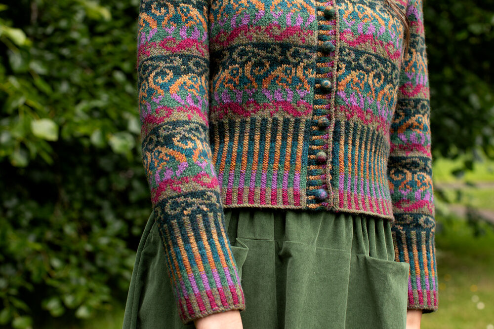 Firebirds Cardigan patterncard kit design by Jade Starmore in Hebridean 2 Ply yarn