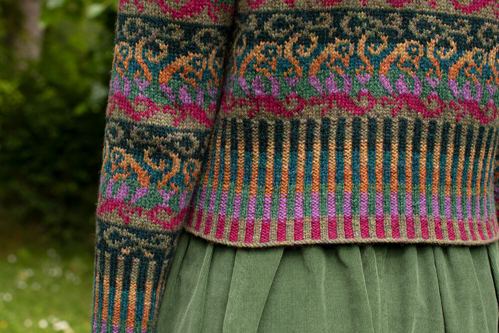 Firebirds Cardigan patterncard kit design by Jade Starmore in Hebridean 2 Ply yarn