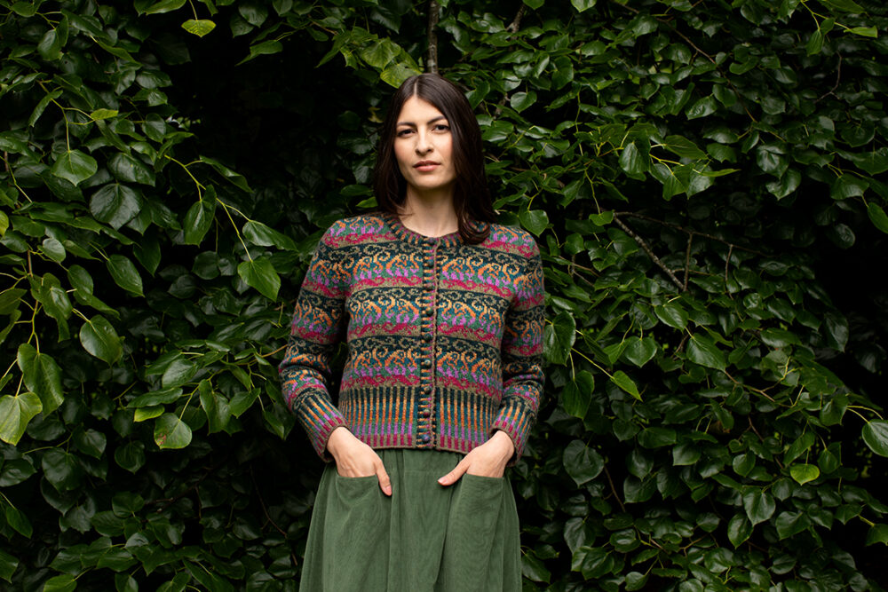 Firebirds Cardigan patterncard kit design by Jade Starmore in Hebridean 2 Ply yarn