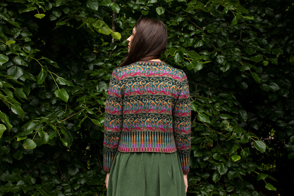 Firebirds Cardigan patterncard kit design by Jade Starmore in Hebridean 2 Ply yarn