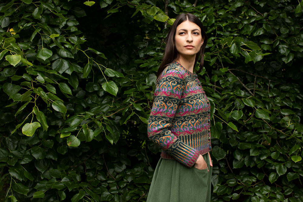 Firebirds Cardigan patterncard kit design by Jade Starmore in Hebridean 2 Ply yarn