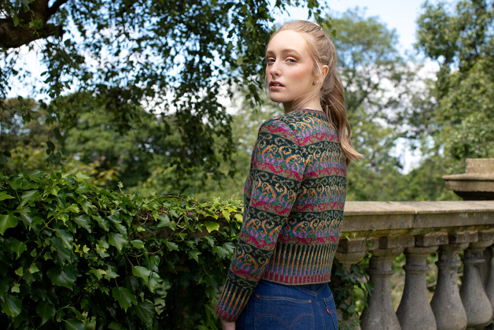 Firebirds Cardigan patterncard kit design by Jade Starmore in Hebridean 2 Ply yarn
