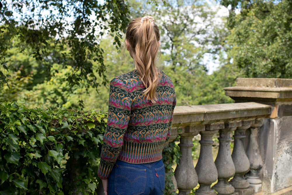Firebirds Cardigan patterncard kit design by Jade Starmore in Hebridean 2 Ply yarn