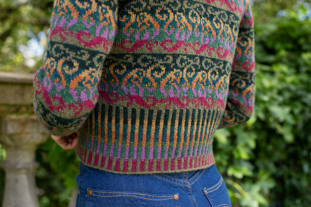 Firebirds Cardigan patterncard kit design by Jade Starmore in Hebridean 2 Ply yarn