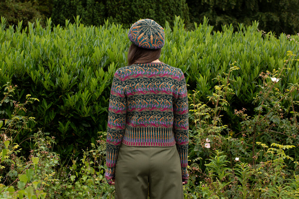 Firebirds Cardigan patterncard kit design by Jade Starmore in Hebridean 2 Ply yarn