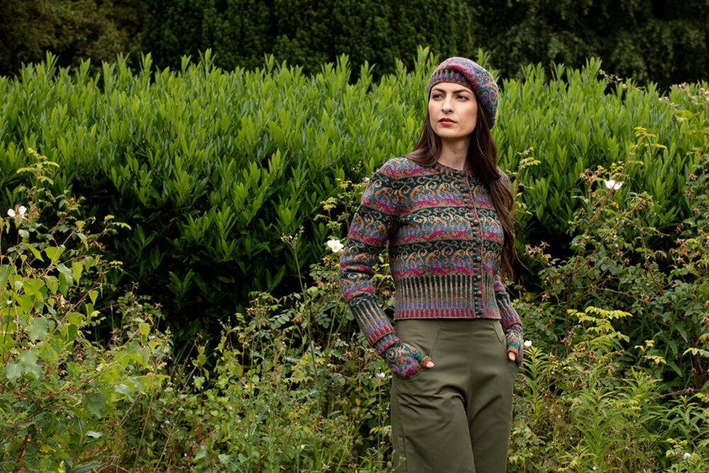 Firebirds Cardigan patterncard kit design by Jade Starmore in Hebridean 2 Ply yarn