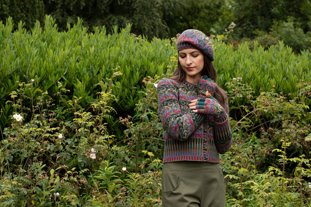 Firebirds Cardigan patterncard kit design by Jade Starmore in Hebridean 2 Ply yarn