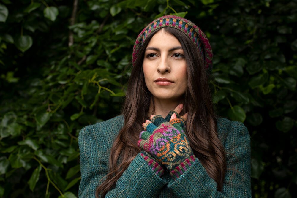 Firebirds Hat Set patterncard kit design by Jade Starmore in Hebridean 2 Ply yarn