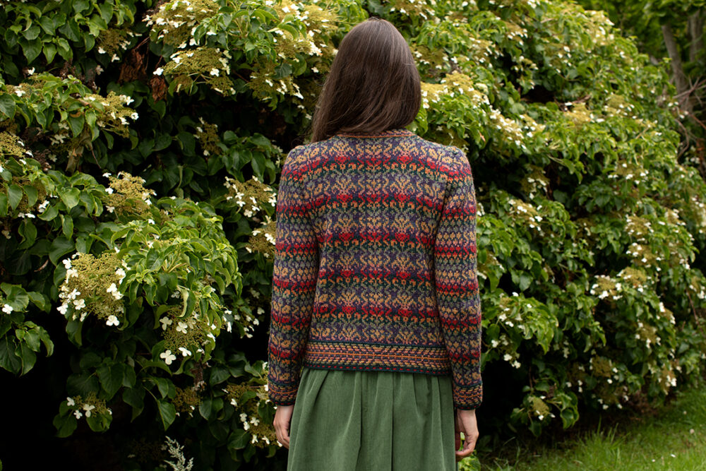 Red Jacobite Rose patterncard kit design by Alice Starmore in Hebridean 2 Ply yarn