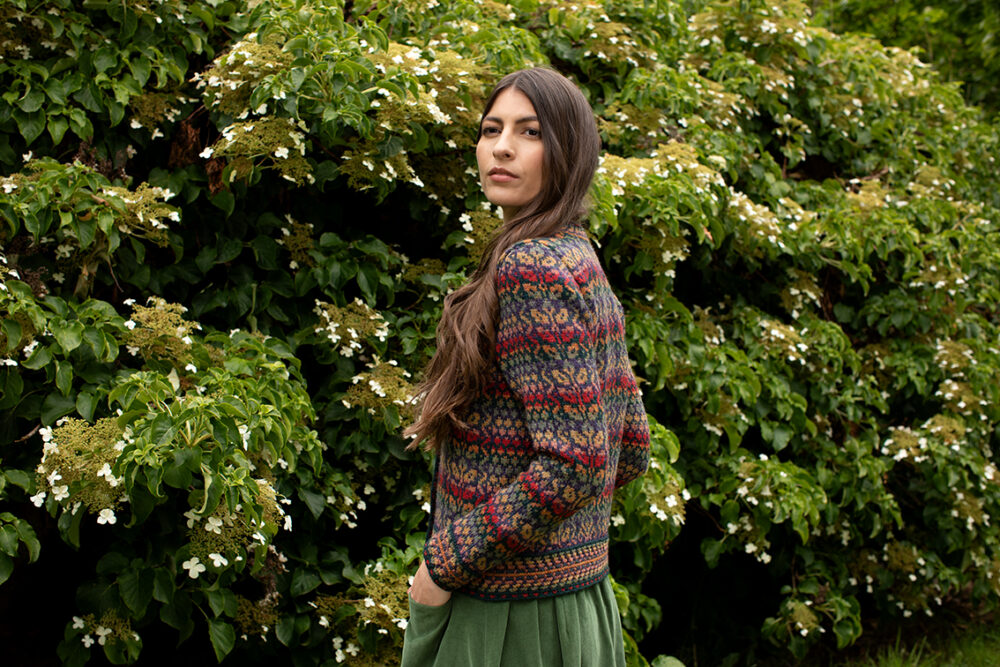 Red Jacobite Rose patterncard kit design by Alice Starmore in Hebridean 2 Ply yarn