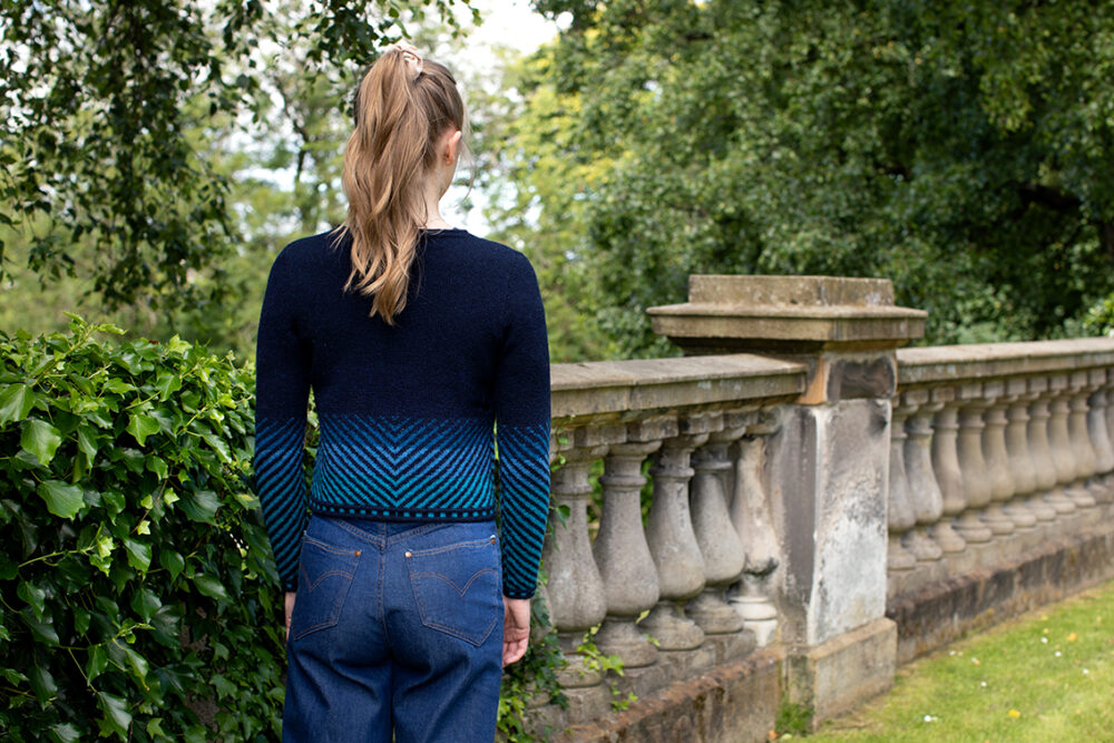 Traigh Cardigan patterncard kit design by Jade Starmore in Hebridean 2 Ply yarn