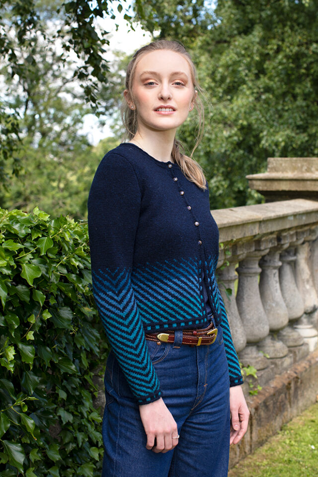 Traigh Cardigan patterncard kit design by Jade Starmore in Hebridean 2 Ply yarn