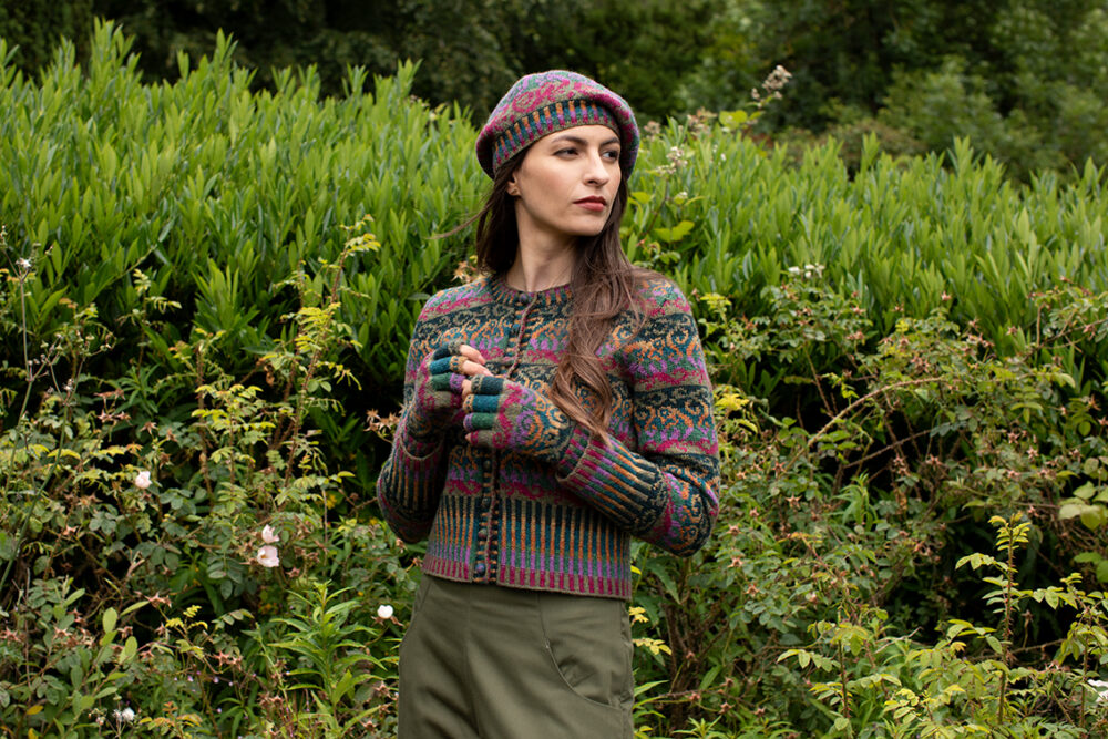 Firebirds Cardigan and Hat Set patterncard kit designs by Jade Starmore in Hebridean 2 Ply yarn