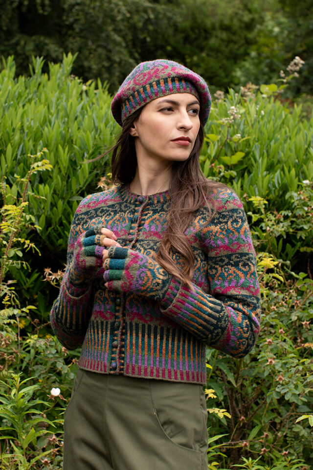 Firebirds Cardigan and Hat Set patterncard kit designs by Jade Starmore in Hebridean 2 Ply yarn