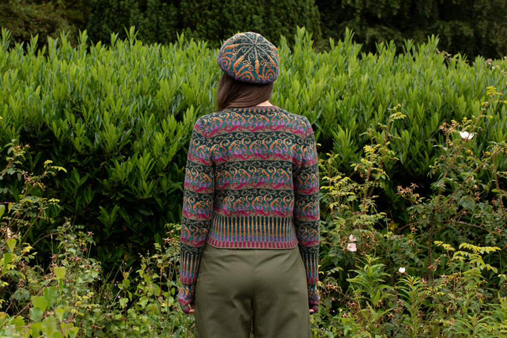 Firebirds Cardigan and Hat Set patterncard kit designs by Jade Starmore in Hebridean 2 Ply yarn