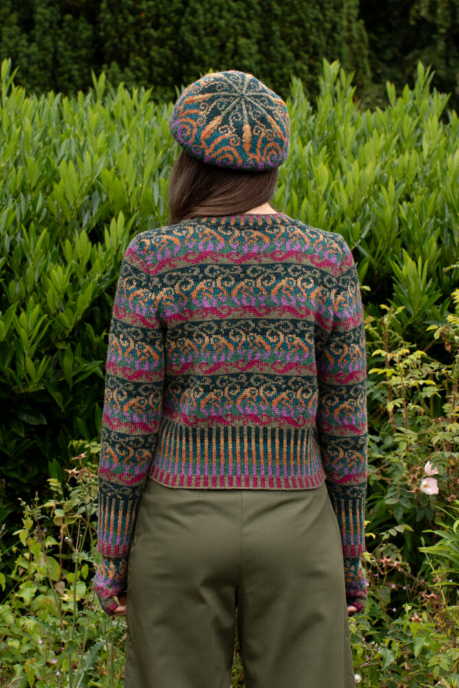 Firebirds Cardigan and Hat Set patterncard kit designs by Jade Starmore in Hebridean 2 Ply yarn