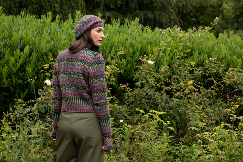 Firebirds Cardigan and Hat Set patterncard kit designs by Jade Starmore in Hebridean 2 Ply yarn