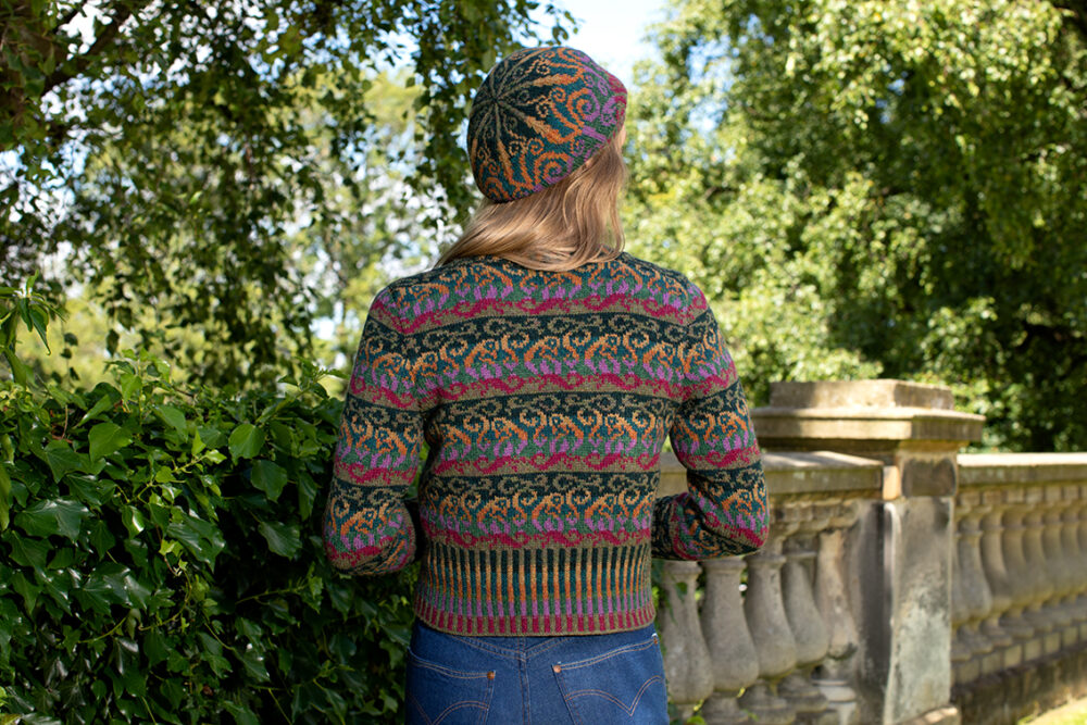 Firebirds Cardigan and Hat Set patterncard kit designs by Jade Starmore in Hebridean 2 Ply yarn