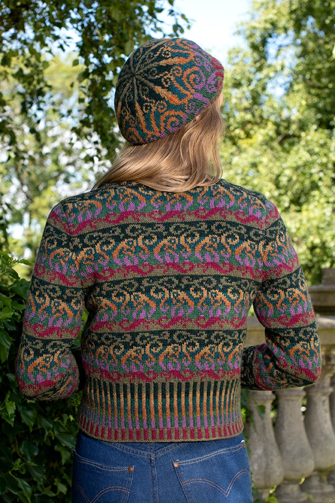 Firebirds Cardigan and Hat Set patterncard kit designs by Jade Starmore in Hebridean 2 Ply yarn