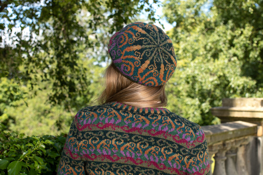 Firebirds Cardigan and Hat Set patterncard kit designs by Jade Starmore in Hebridean 2 Ply yarn