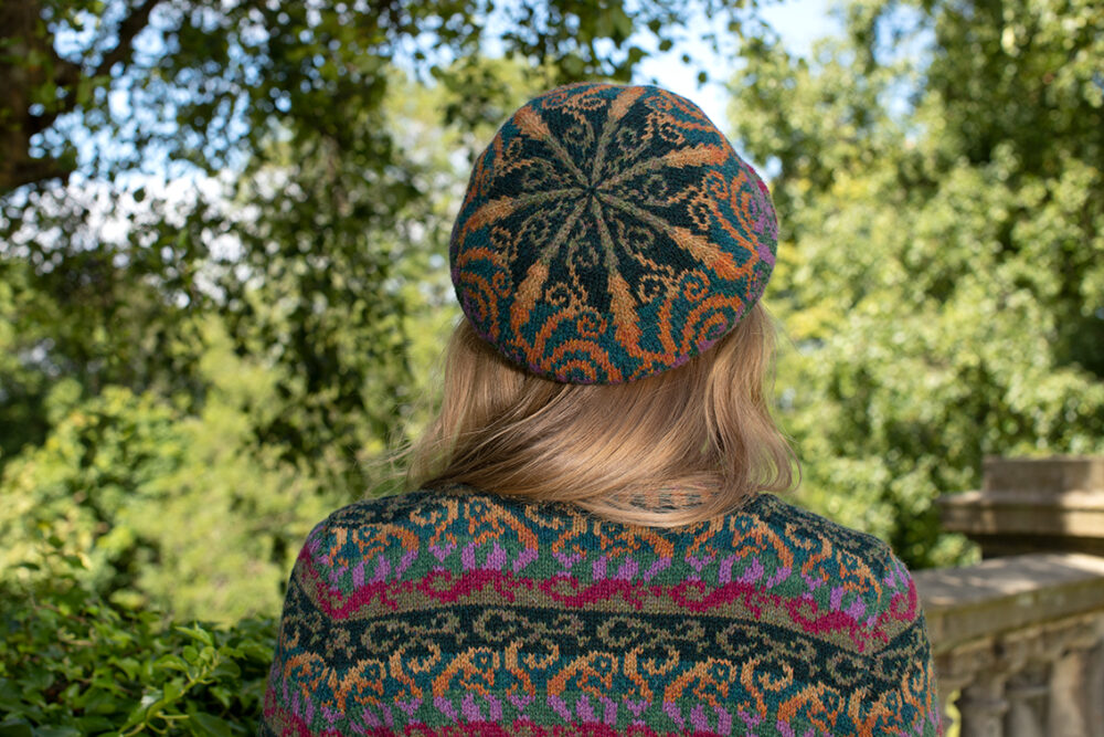 Firebirds Cardigan and Hat Set patterncard kit designs by Jade Starmore in Hebridean 2 Ply yarn